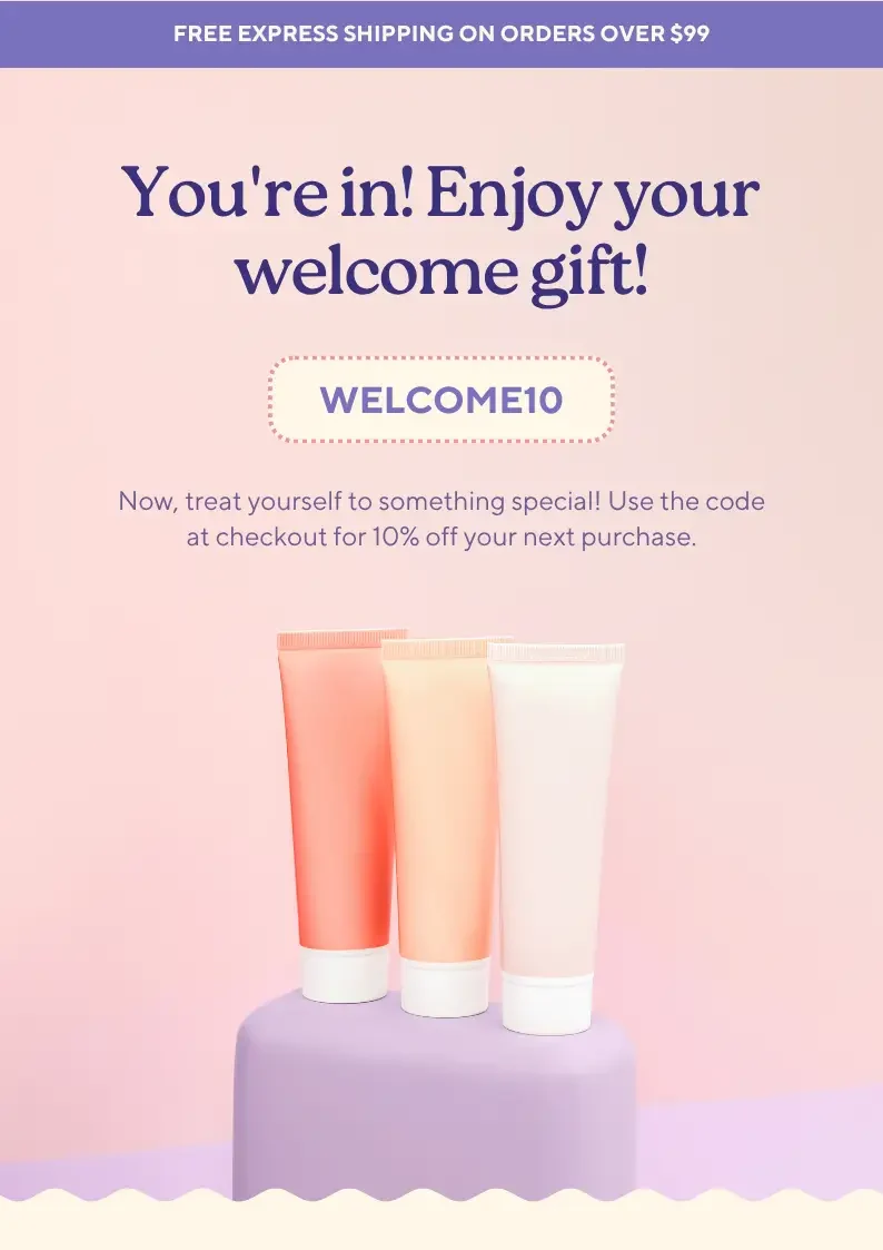 Pink and Purple Playful Welcome Marketing Email Newsletter